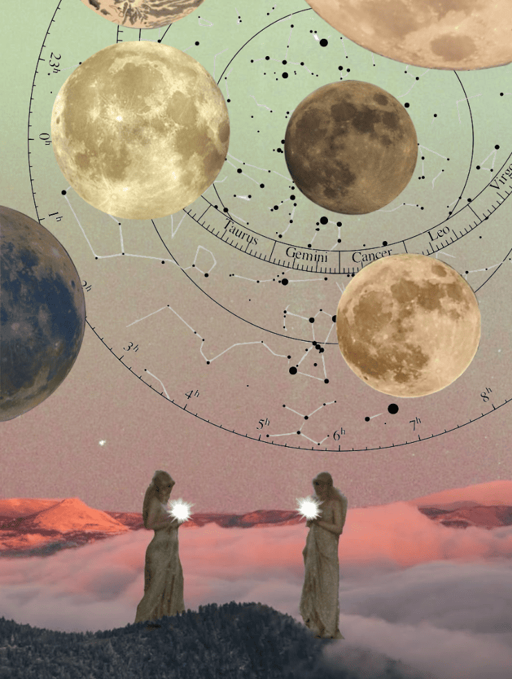 Two robed figures stand on mountaintops above the clouds, each holding radiant light in their hands, surrounded by full moons and a celestial chart with astrological constellations and signs.