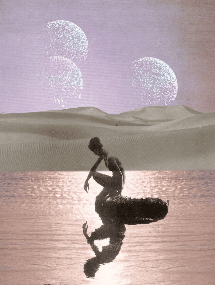 A silhouetted woman sits at the edge of reflective pink waters, gazing inward as three luminous moons float above a dreamy sky.